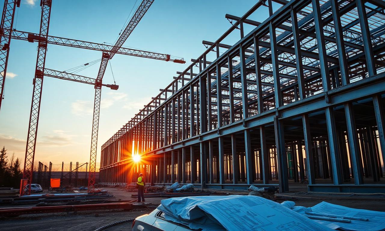 Canadian construction site featuring light-gauge steel framing at sunset